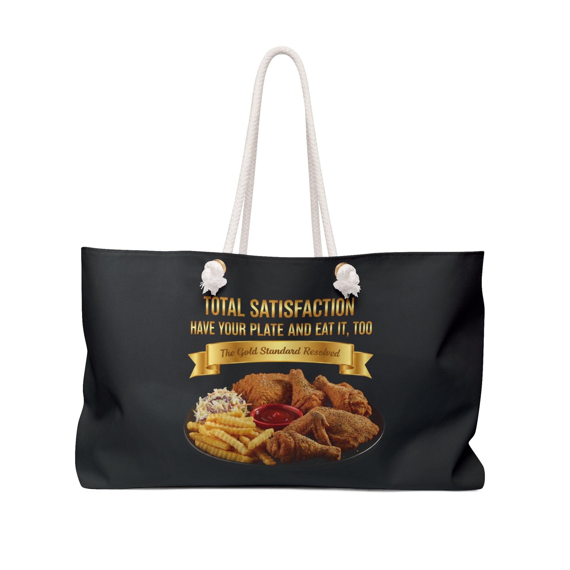 3D Food Fashion design for E U F Outlet featuring six pieces of fried chicken, french fries, coleslaw, and ketchup on a black plate against a solid black ground on a premium Weekender bag.