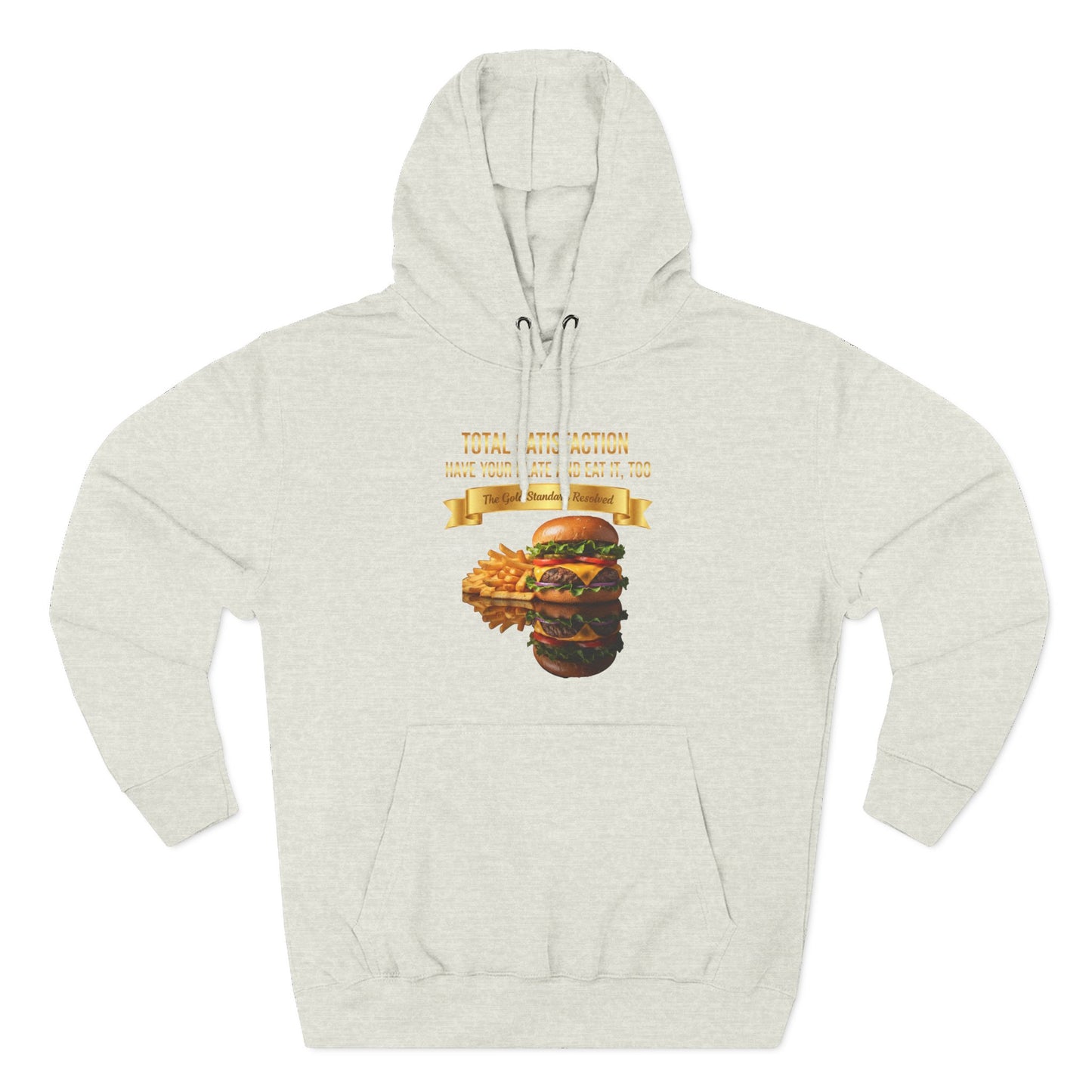 3D Food Fashion design for E U F Outlet featuring a cheeseburger and french fries on a black plate against a solid black ground on a premium hoodie.
