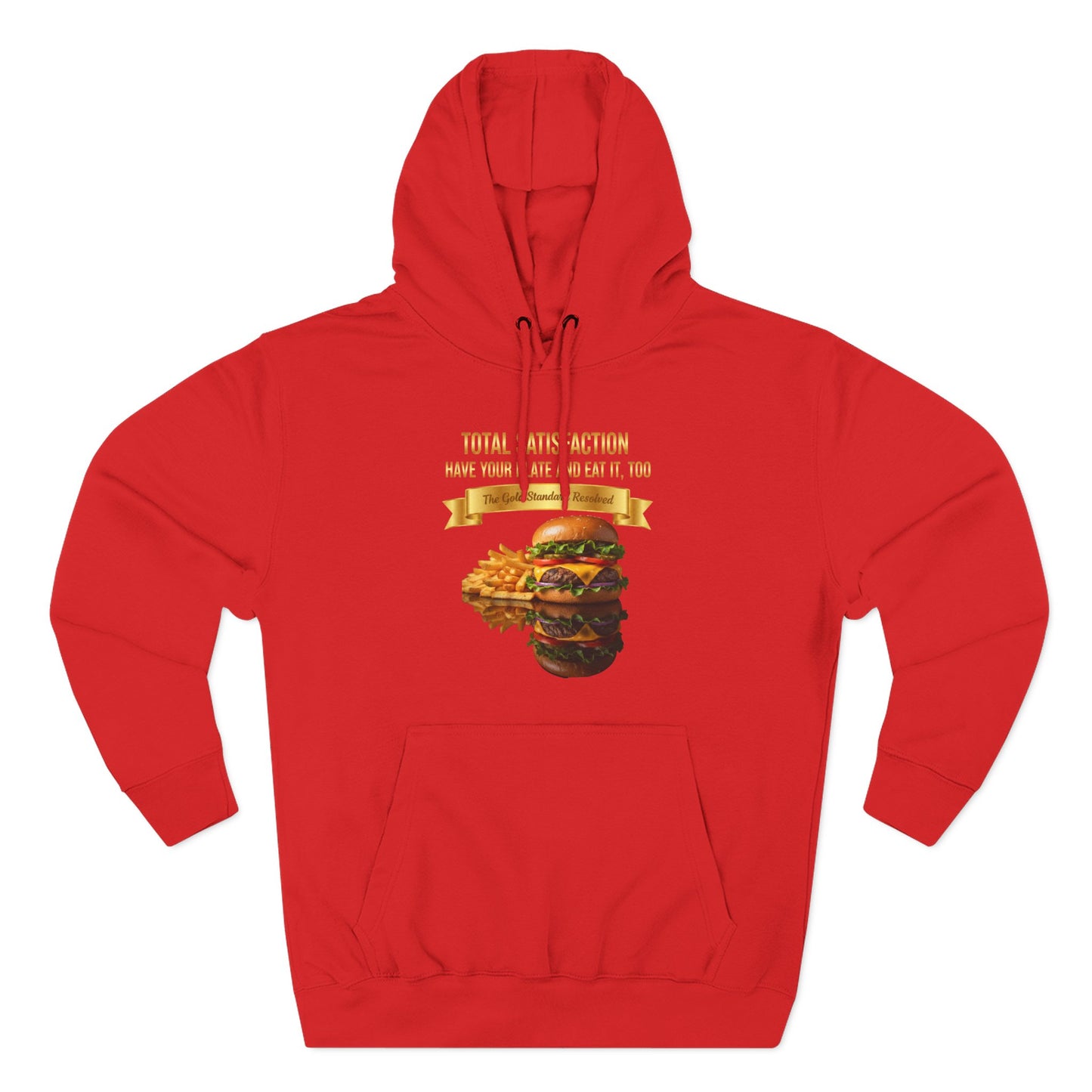 3D Food Fashion design for E U F Outlet featuring a cheeseburger and french fries on a black plate against a solid black ground on a premium hoodie.