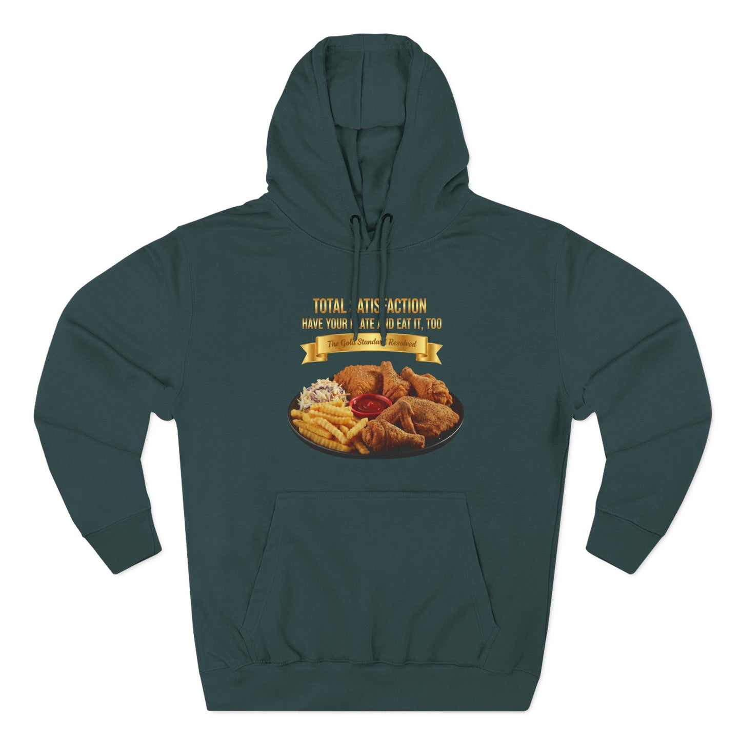 3D Food Fashion design for E U F Outlet featuring six pieces of fried chicken, french fries, coleslaw, and ketchup on a black plate against a solid black ground on a premium hoodie.