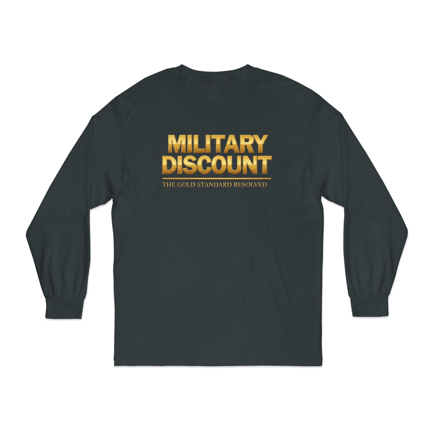 A high-velocity product image of the E U F Outlet.. Elite Veteran Heritage Military Discount Long-Sleeve T-Shirt. The 6.0 oz heavyweight US cotton fabric is showcased in a deep black, providing a structured and professional silhouette. The chest features bold, high-opacity white lettering that acts as a silent envoy for Veteran recognition, representing a 9 9 . 9 9 % gold standard frequency and a mental investment in financial stability.