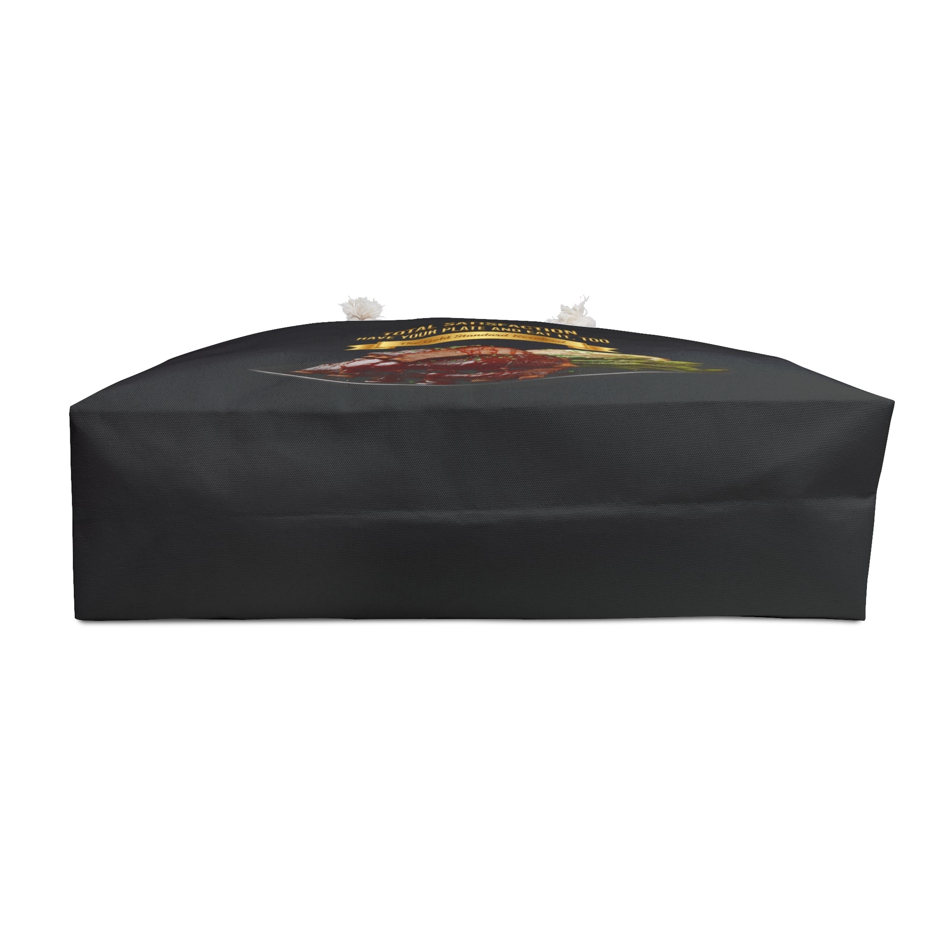 3D Food Fashion Weekender bag from E U F Outlet featuring a high-resolution image of BBQ spare ribs with a glossy glaze, green asparagus spears, and a baked potato on a dark plate, isolated against a solid black background.