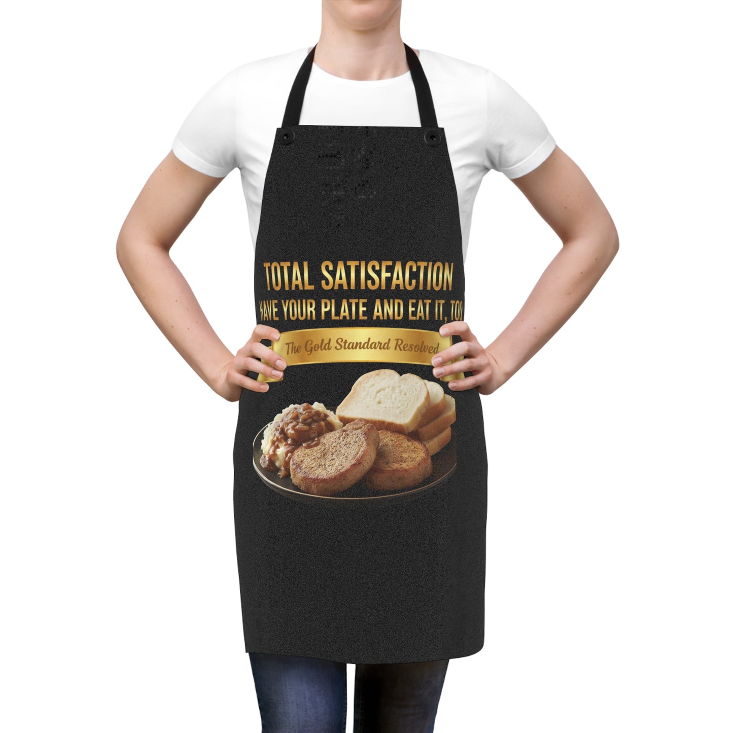 3D Food Fashion design for E U F Outlet featuring two big pork chops with gravy and onions, mashed potatoes, and four slices of white bread on a black plate against a solid black ground on a premium apron.
