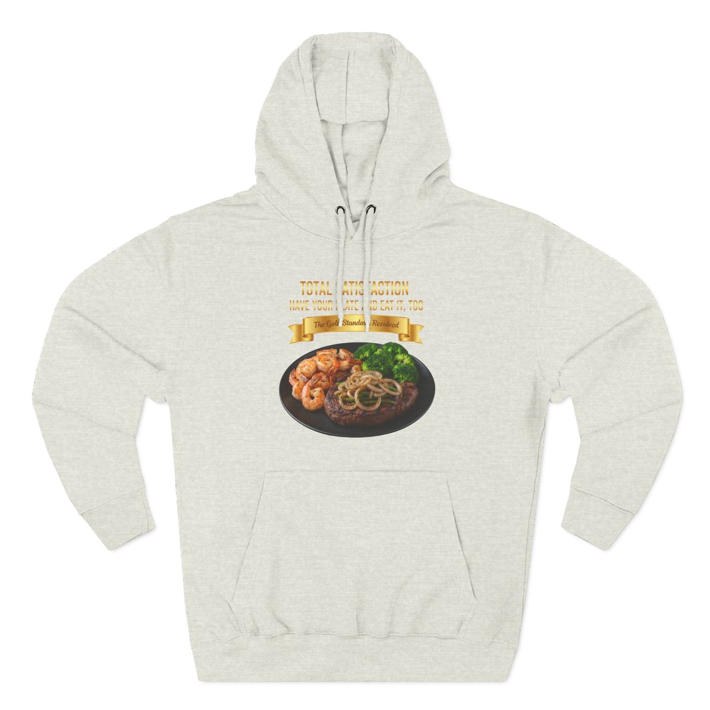 3D Food Fashion design for E U F Outlet featuring a grilled ribeye steak with green peppers and onions, shrimp, and broccoli on a black plate against a solid black ground on a premium hoodie.