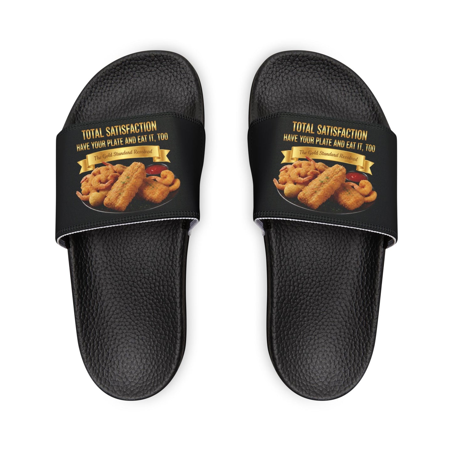 3D Food Fashion design for E U F Outlet featuring two pieces of golden fried fish, several fried shrimp, and a small container of red cocktail sauce on a black plate, square format for premium sandals.