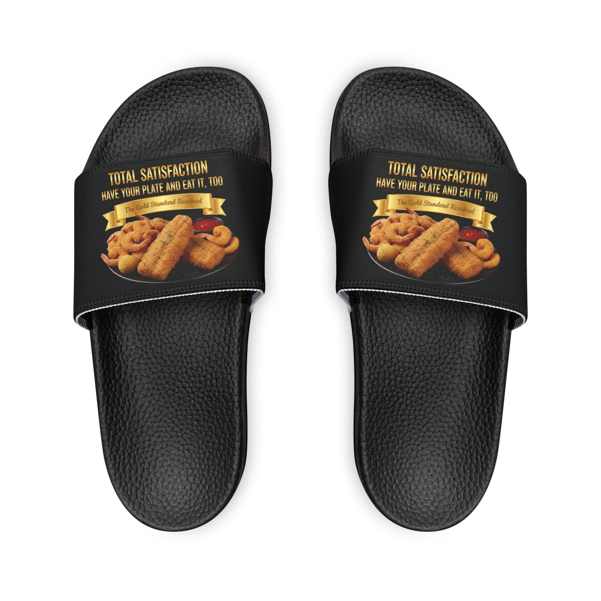 3D Food Fashion design for E U F Outlet featuring two pieces of golden fried fish, several fried shrimp, and a small container of red cocktail sauce on a black plate, square format for premium sandals.