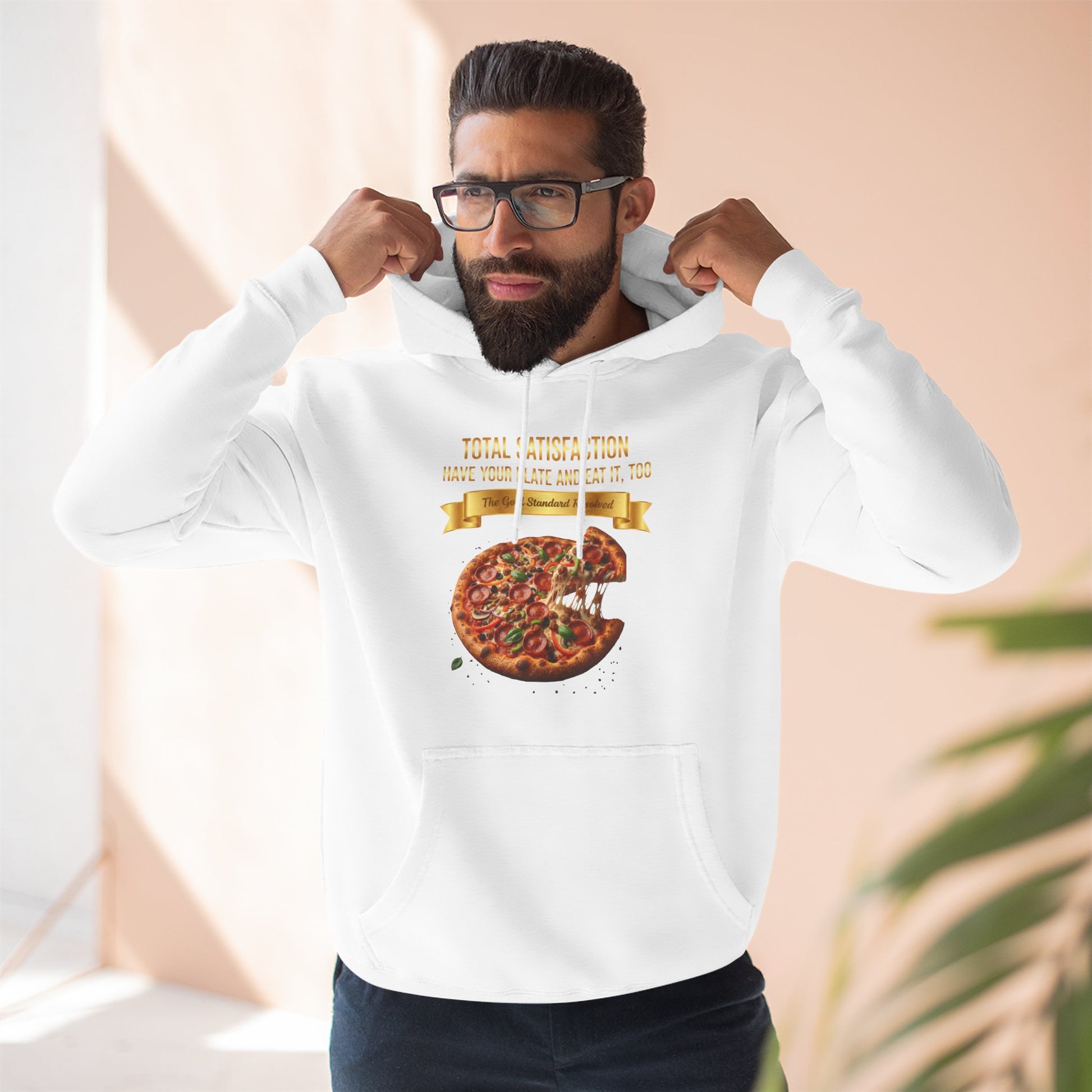 3D Food Fashion design for E U F Outlet featuring a cheesy pizza with toppings on a black plate against a solid black ground on a premium hoodie.