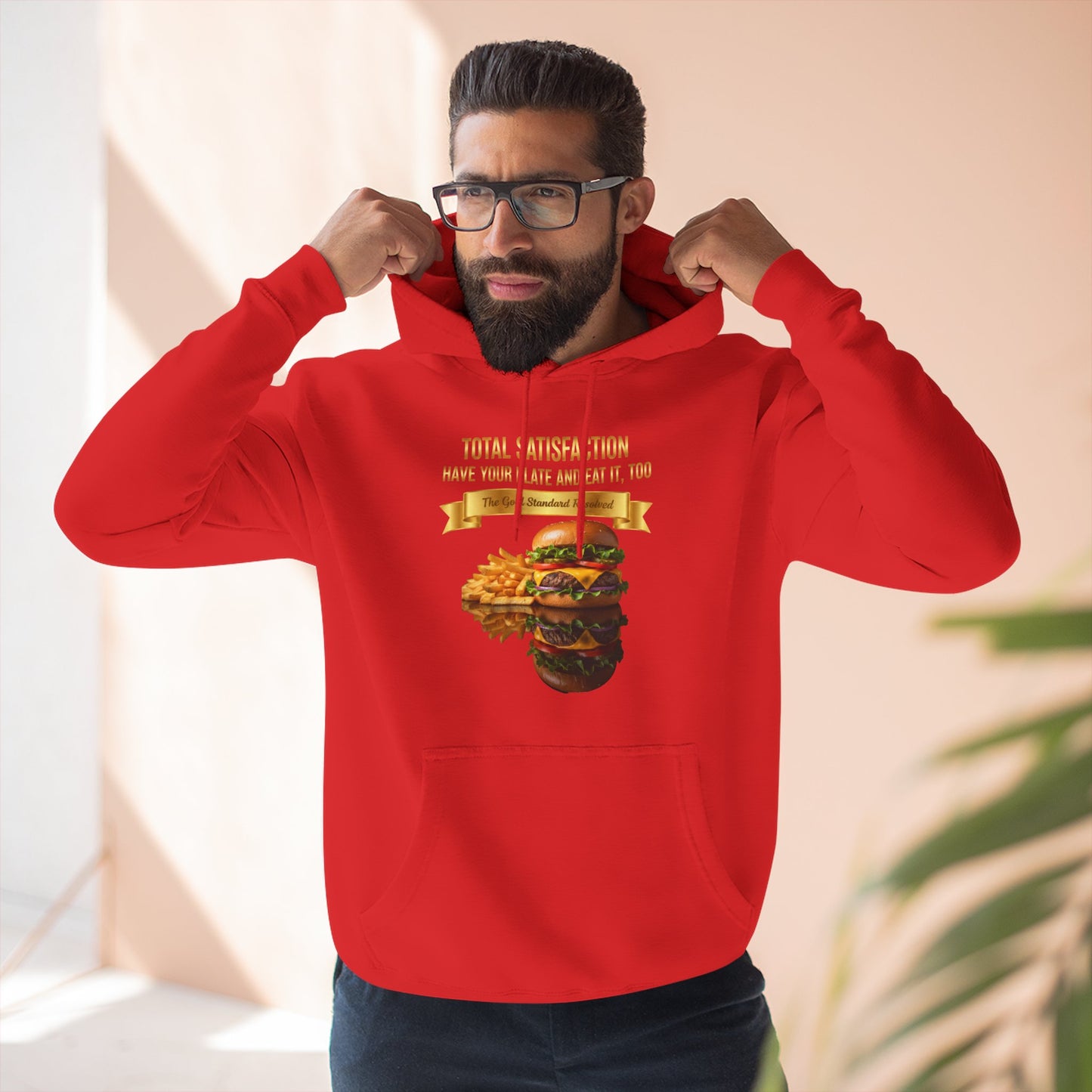 3D Food Fashion design for E U F Outlet featuring a cheeseburger and french fries on a black plate against a solid black ground on a premium hoodie.