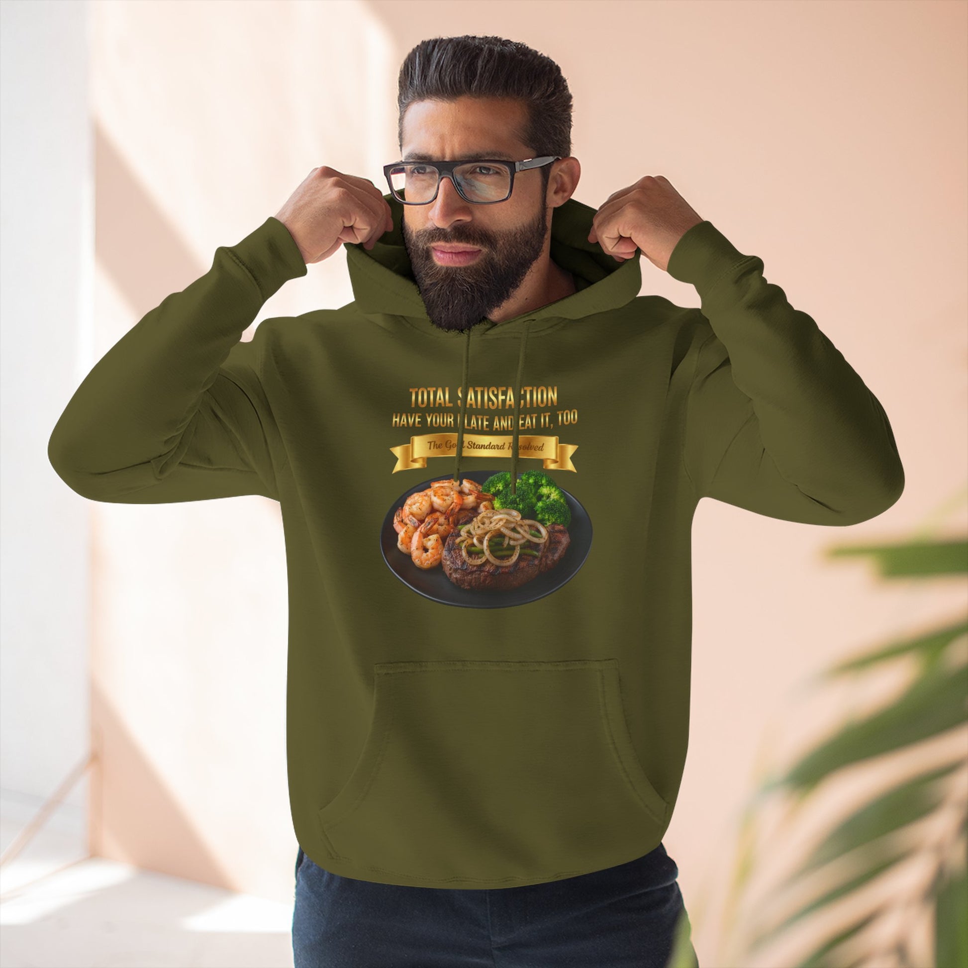 3D Food Fashion design for E U F Outlet featuring a grilled ribeye steak with green peppers and onions, shrimp, and broccoli on a black plate against a solid black ground on a premium hoodie.