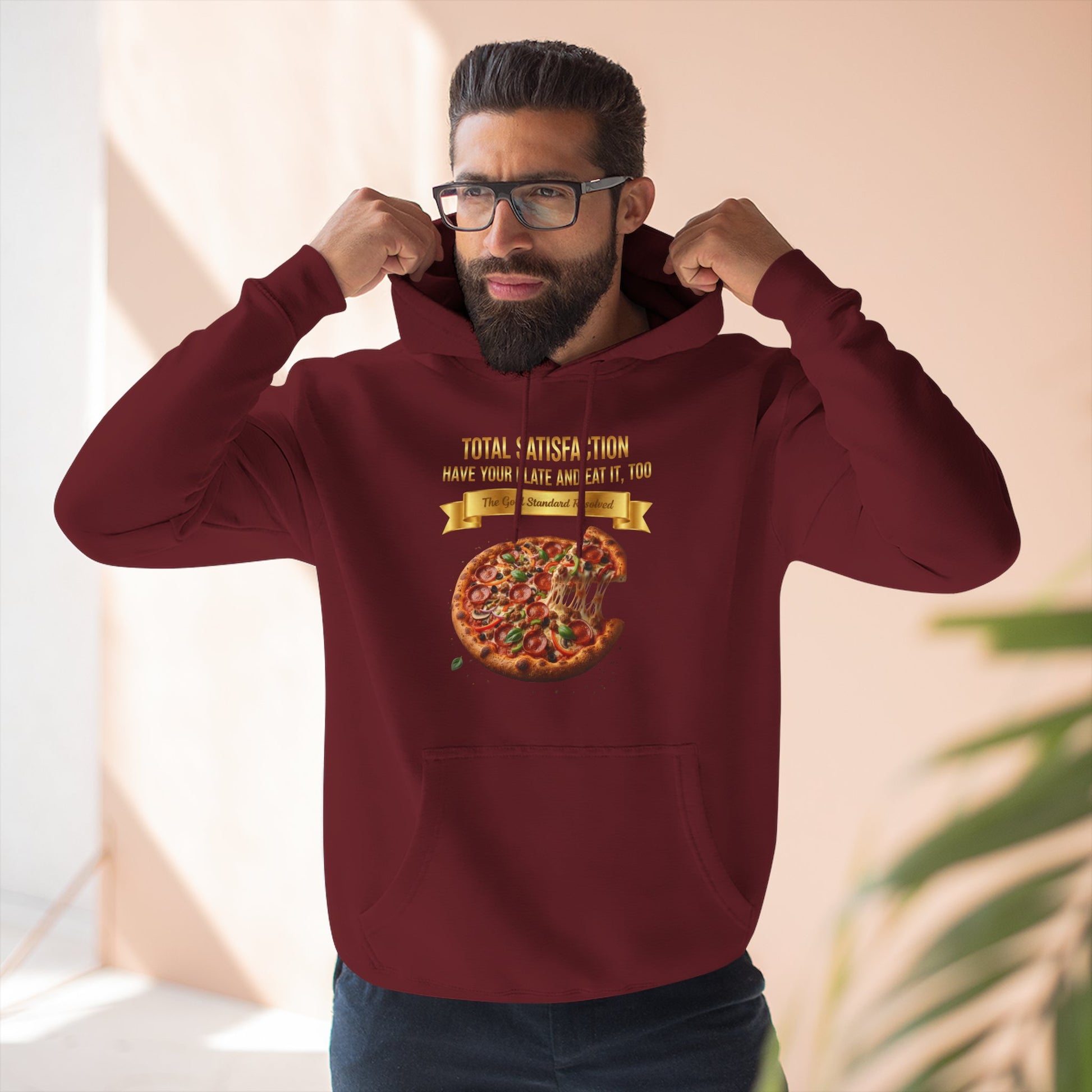 3D Food Fashion design for E U F Outlet featuring a cheesy pizza with toppings on a black plate against a solid black ground on a premium hoodie.