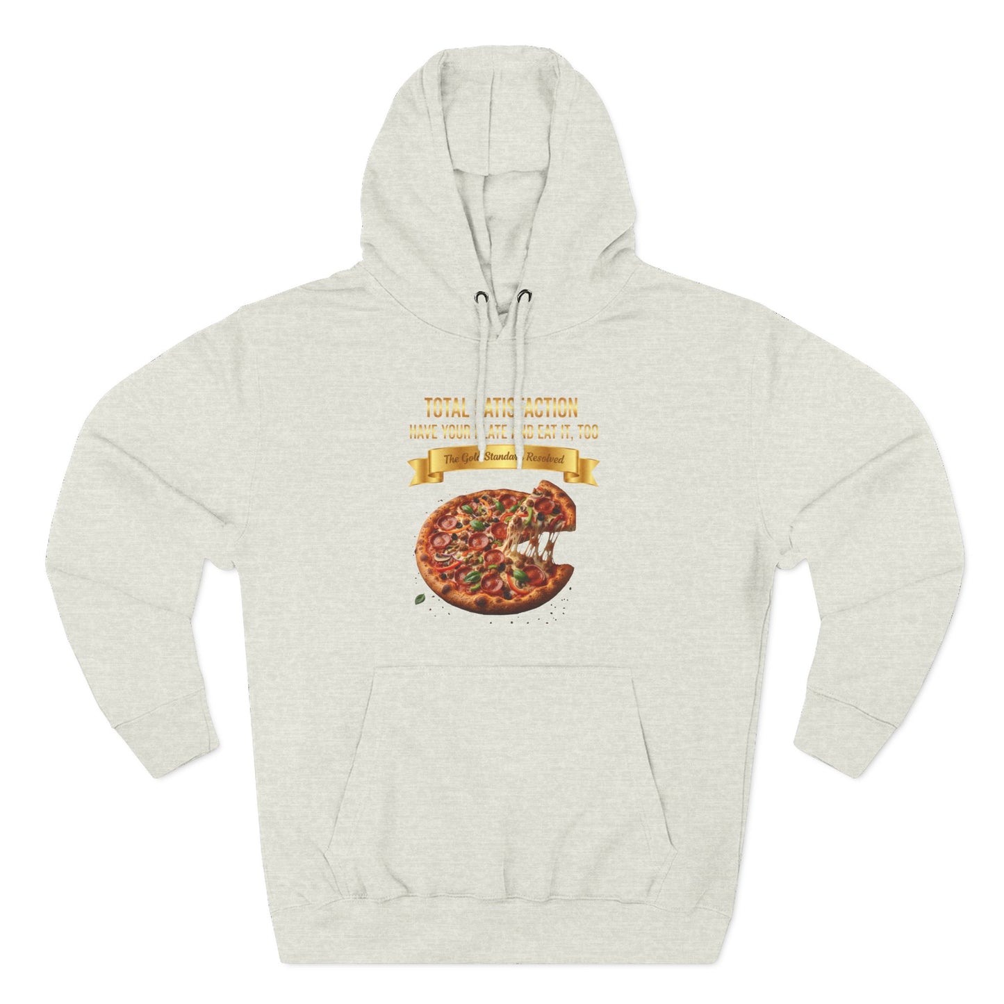 3D Food Fashion design for E U F Outlet featuring a cheesy pizza with toppings on a black plate against a solid black ground on a premium hoodie.