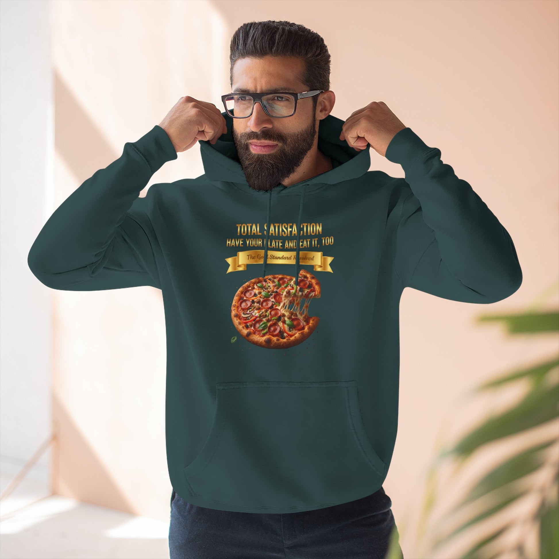 3D Food Fashion design for E U F Outlet featuring a cheesy pizza with toppings on a black plate against a solid black ground on a premium hoodie.