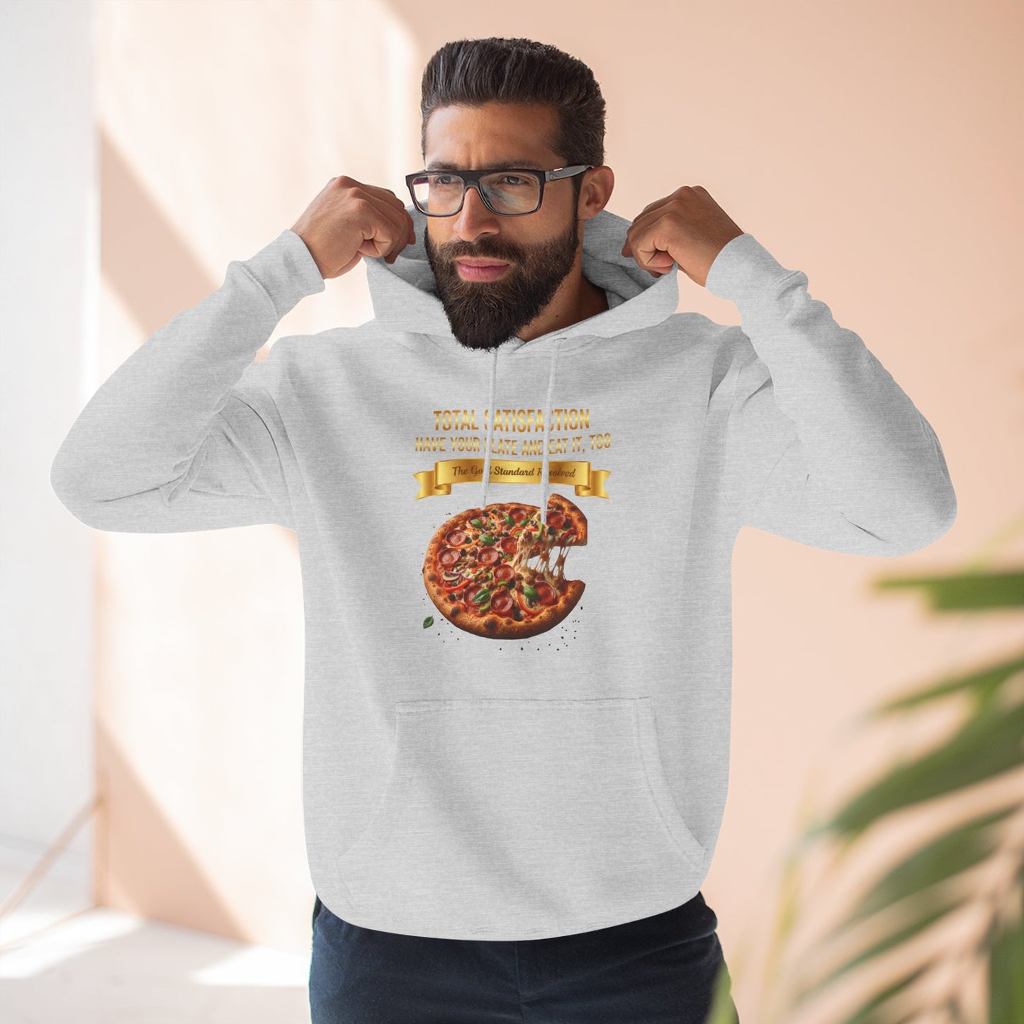 3D Food Fashion design for E U F Outlet featuring a cheesy pizza with toppings on a black plate against a solid black ground on a premium hoodie.