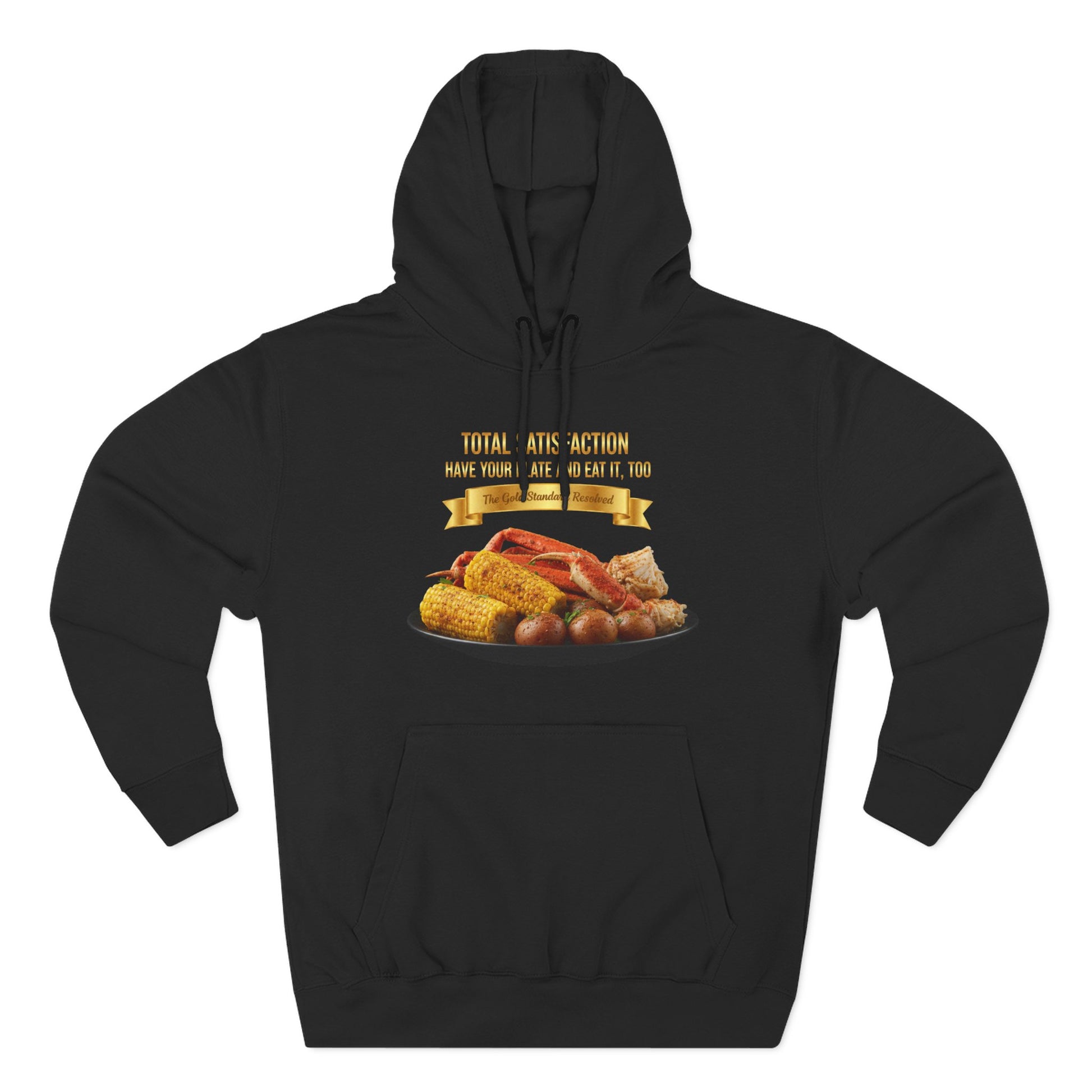 3D Food Fashion design for E U F Outlet featuring steamed king crab legs, an ear of sweet corn on the cob, and boiled red potatoes on a black plate, centered for a premium hoodie.