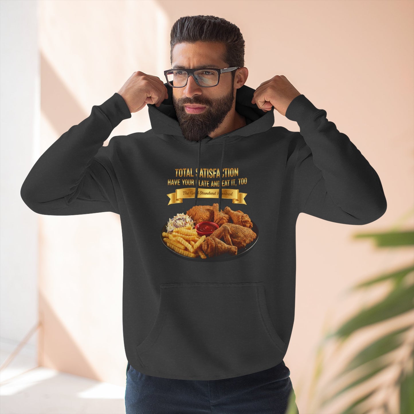 3D Food Fashion design for E U F Outlet featuring six pieces of fried chicken, french fries, coleslaw, and ketchup on a black plate against a solid black ground on a premium hoodie.