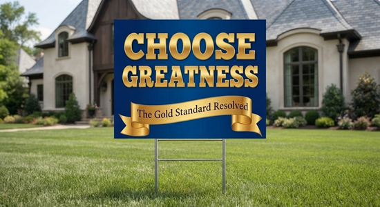 A rectangular yard sign with a dark blue background and large gold lettering that reads “CHOOSE GREATNESS,” with a gold ribbon banner below reading “The Gold Standard Resolved.” The sign is displayed on a metal stake in a green lawn in front of a large house.