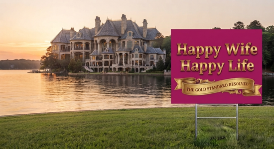 A large pink yard sign with gold lettering reading &