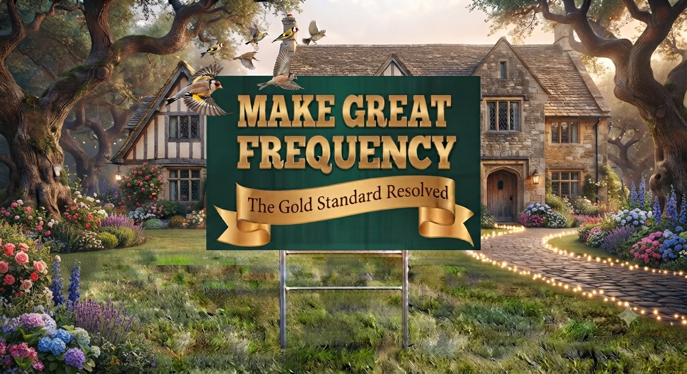 A large green yard sign with gold lettering reading 'MAKE GREAT FREQUENCY' and a gold banner below reading 'The Gold Standard Resolved,' placed in a landscaped garden in front of a large stone cottage with trees and flowers.
