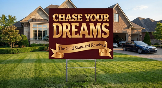 A large yard sign with the text &