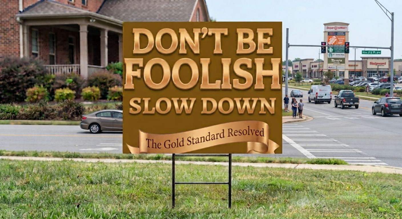 A rectangular yard sign with a gold background and raised gold lettering that reads “DON’T BE FOOLISH SLOW DOWN,” with a smaller banner reading “The Gold Standard Resolved,” displayed on a grassy roadside with a street scene in the background.
