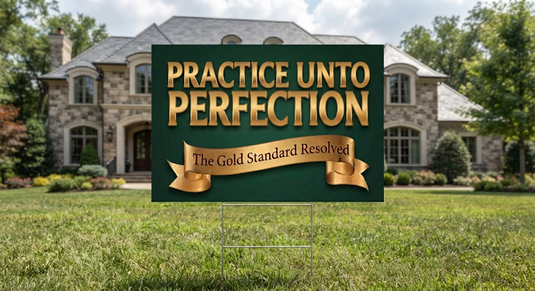 A green yard sign with gold lettering reading &