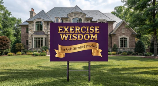A purple yard sign with gold lettering reading &