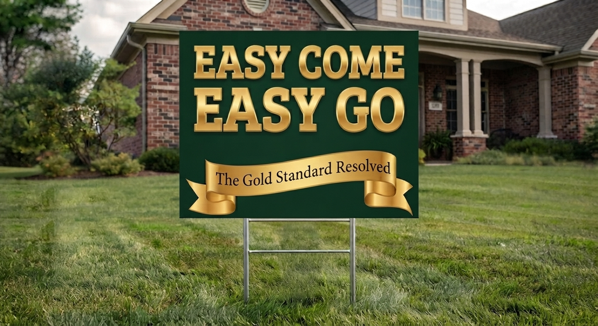 A rectangular yard sign with a dark green background and large gold lettering that reads “EASY COME EASY GO,” mounted on metal stakes in a grassy lawn. A brick house is visible in the background.