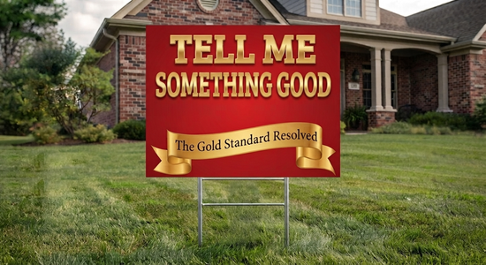 A red yard sign with gold lettering that reads &