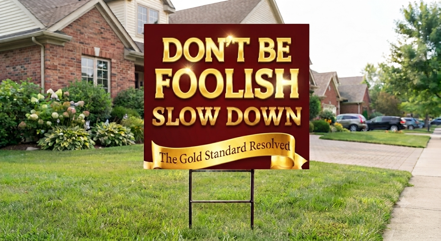 A yard sign with the text 'DON'T BE FOOLISH SLOW DOWN' in large gold letters on a dark red background, mounted on a metal stand in a grassy front yard with houses and a sidewalk in the background.