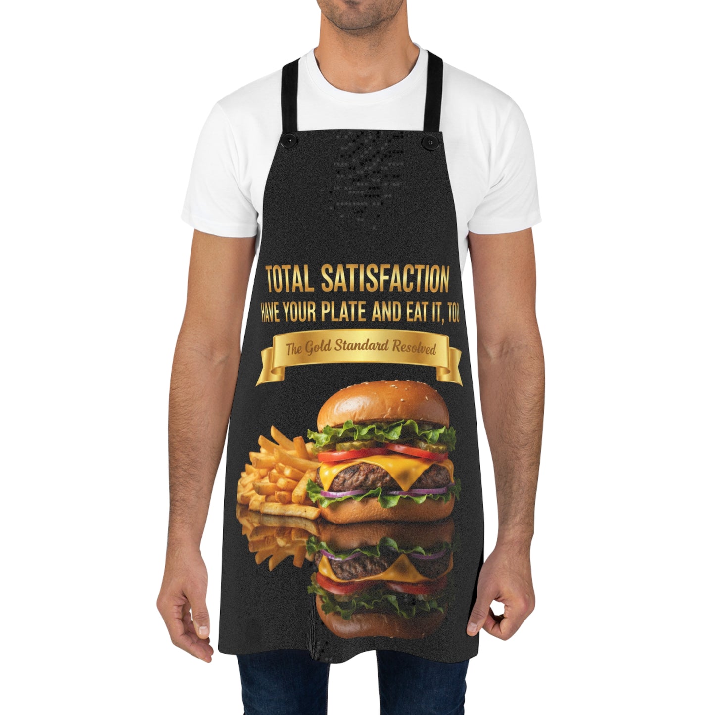 3D Food Fashion design for E U F Outlet featuring a cheeseburger and french fries on a black plate against a solid black ground on a premium apron.