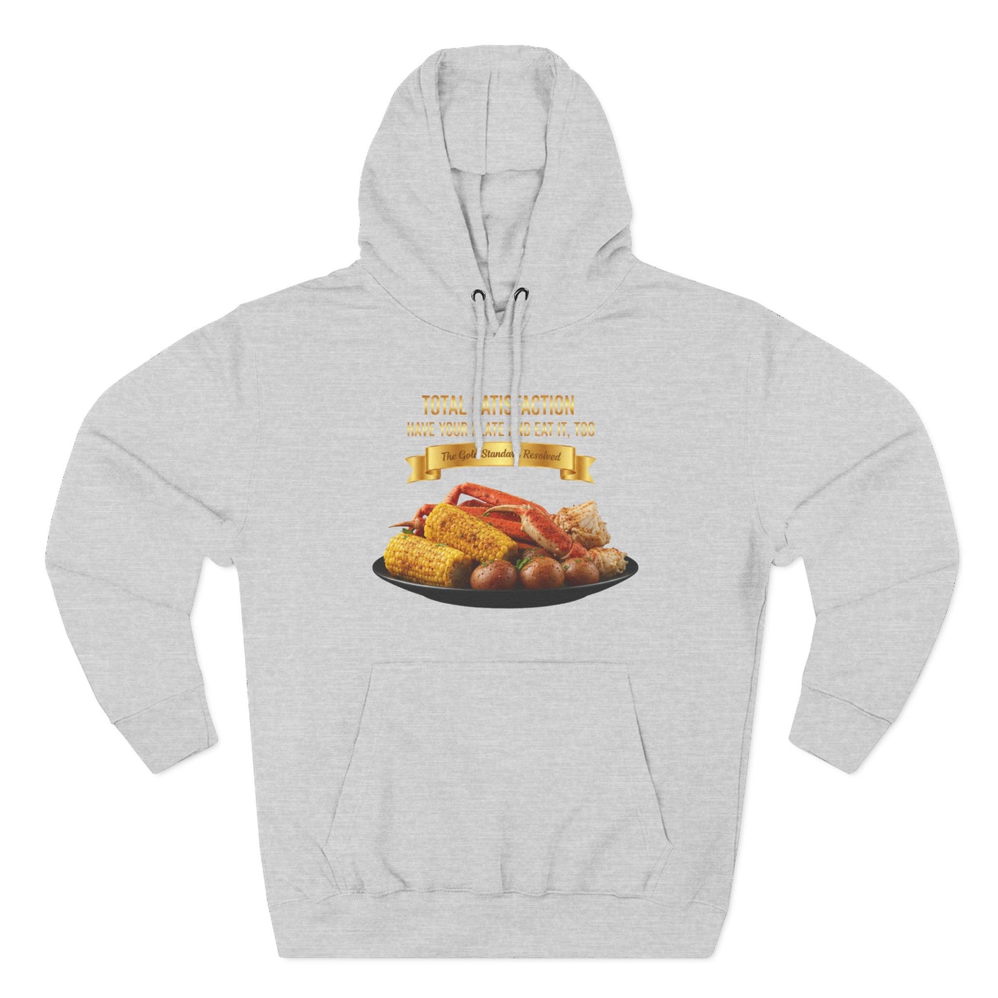 3D Food Fashion design for E U F Outlet featuring steamed king crab legs, an ear of sweet corn on the cob, and boiled red potatoes on a black plate, centered for a premium hoodie.