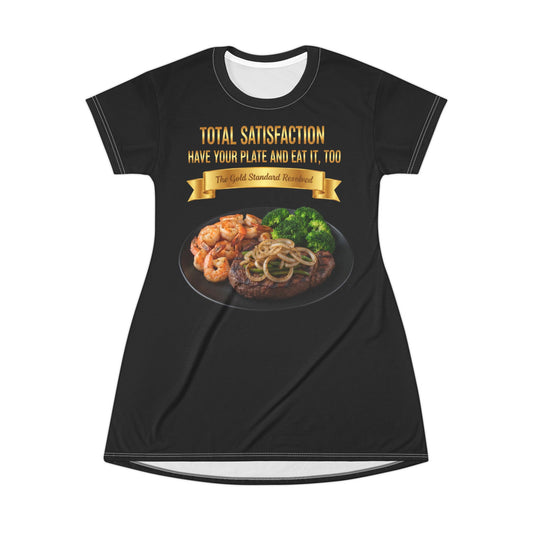 3D Food Fashion design for E U F Outlet featuring a grilled ribeye steak with green peppers and onions, shrimp, and broccoli on a black plate against a solid black ground on a premium t-shirt dress.