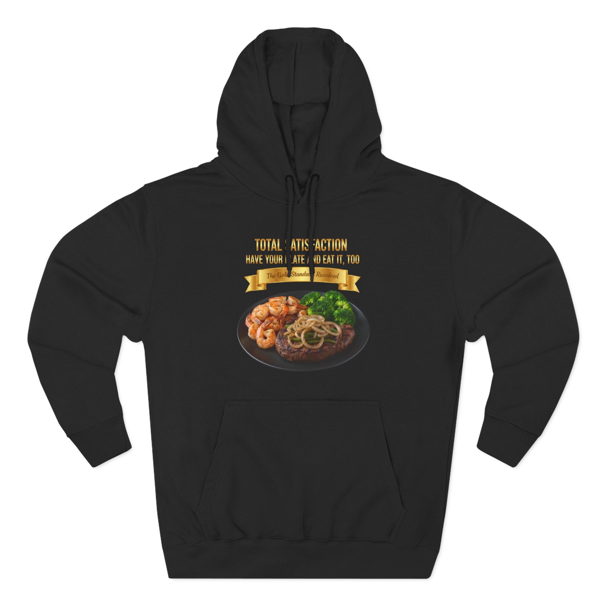 3D Food Fashion design for E U F Outlet featuring a grilled ribeye steak with green peppers and onions, shrimp, and broccoli on a black plate against a solid black ground on a premium hoodie.