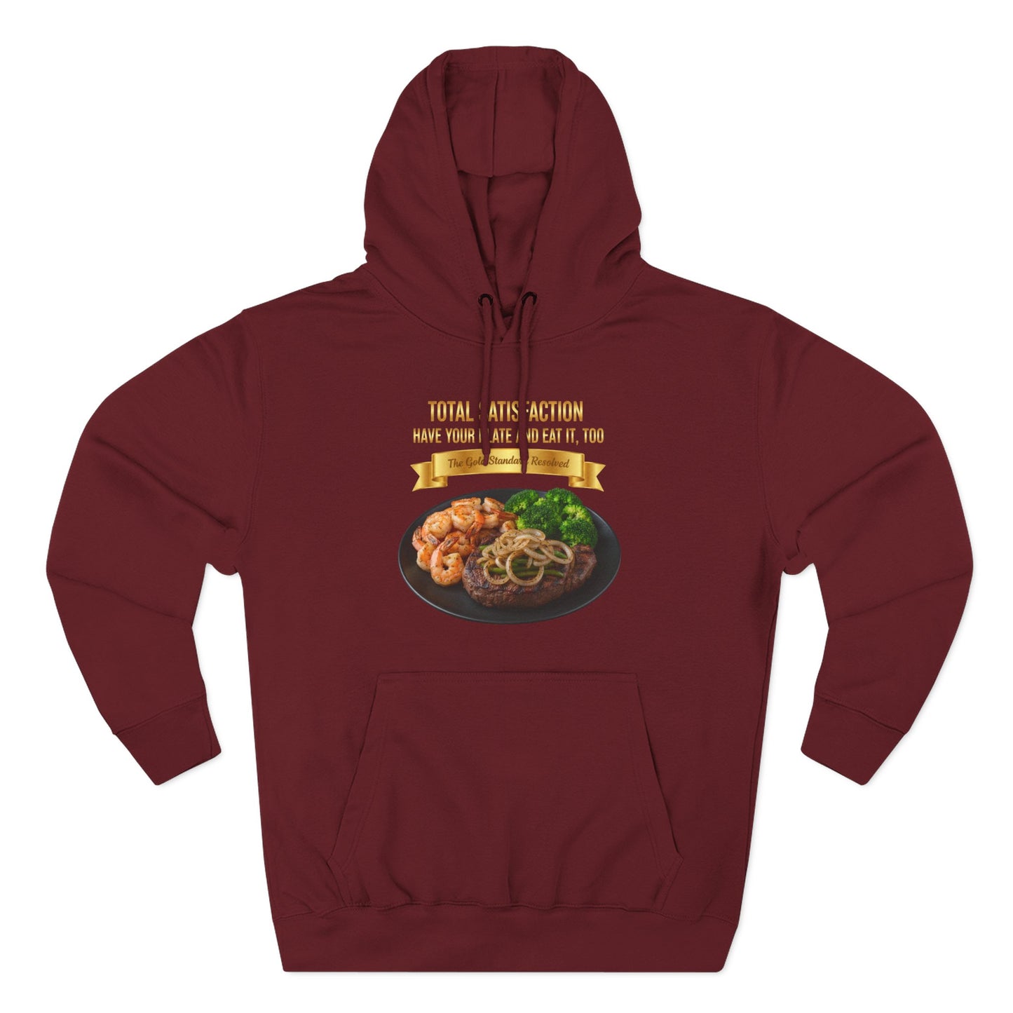3D Food Fashion design for E U F Outlet featuring a grilled ribeye steak with green peppers and onions, shrimp, and broccoli on a black plate against a solid black ground on a premium hoodie.