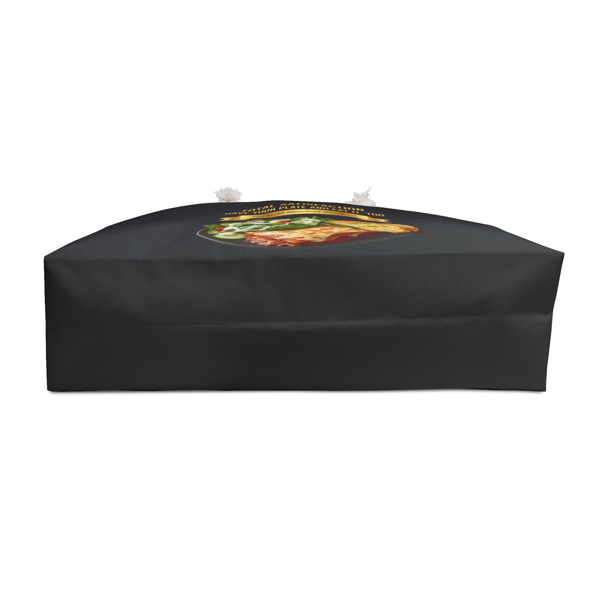 3D Food Fashion design for E U F Outlet featuring lasagna, a salad with ranch dressing, and two slices of garlic bread on a black plate against a solid black ground on a premium Weekender bag.