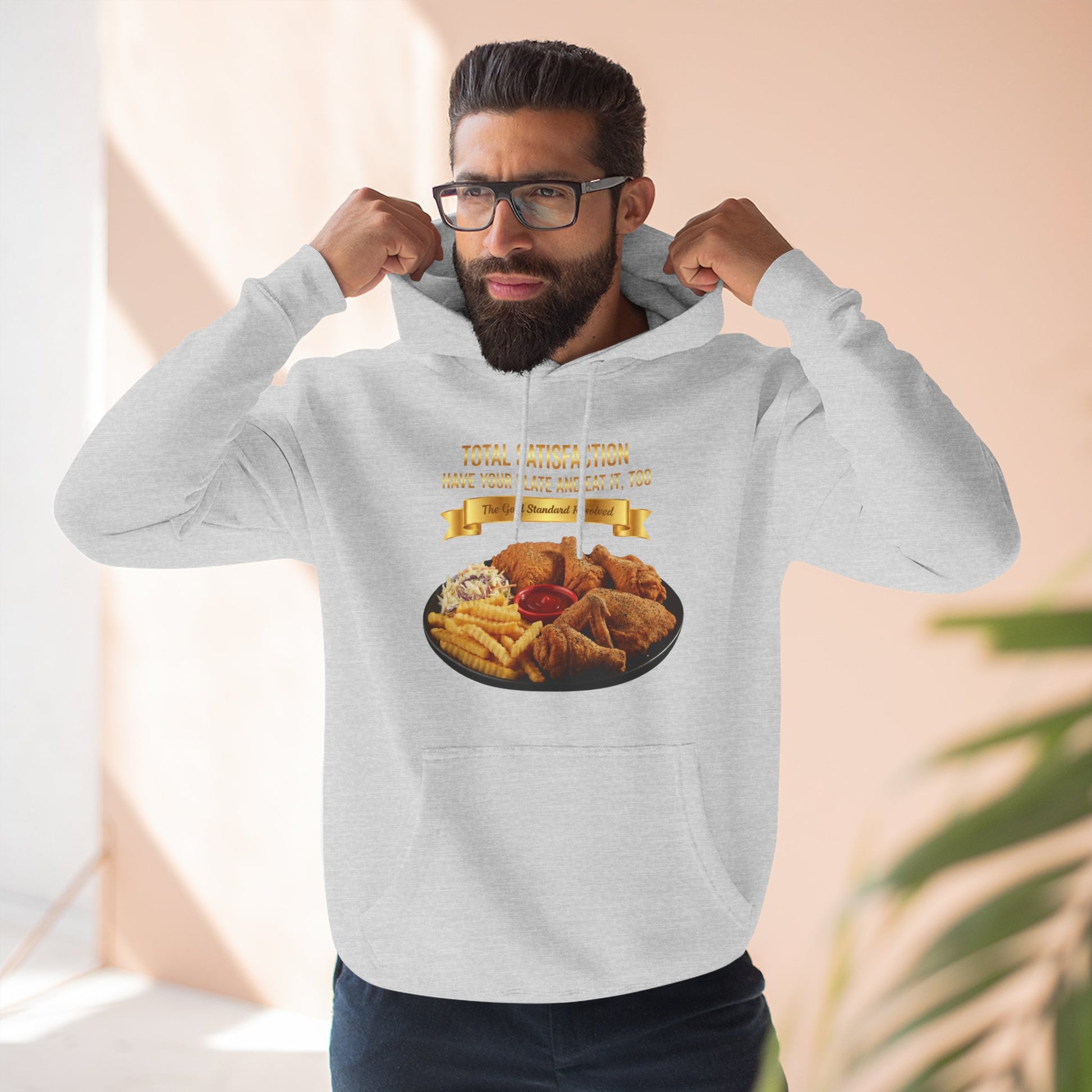 3D Food Fashion design for E U F Outlet featuring six pieces of fried chicken, french fries, coleslaw, and ketchup on a black plate against a solid black ground on a premium hoodie.