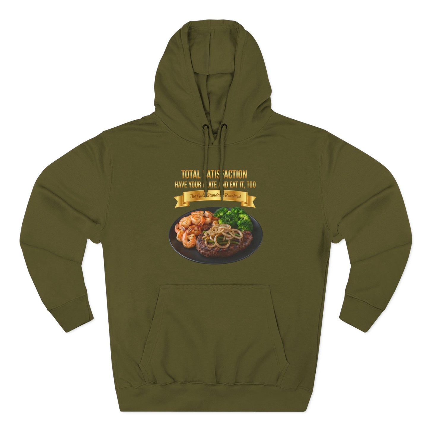 3D Food Fashion design for E U F Outlet featuring a grilled ribeye steak with green peppers and onions, shrimp, and broccoli on a black plate against a solid black ground on a premium hoodie.