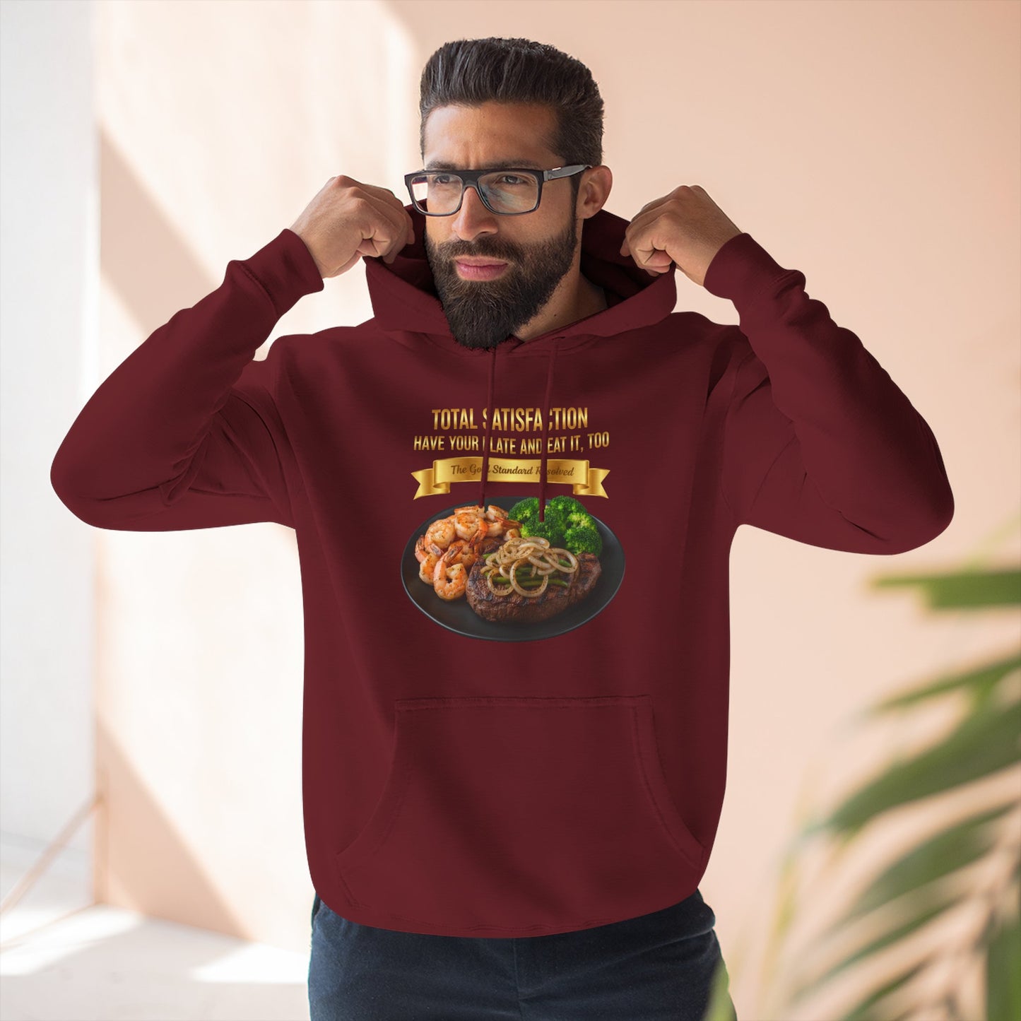 3D Food Fashion design for E U F Outlet featuring a grilled ribeye steak with green peppers and onions, shrimp, and broccoli on a black plate against a solid black ground on a premium hoodie.