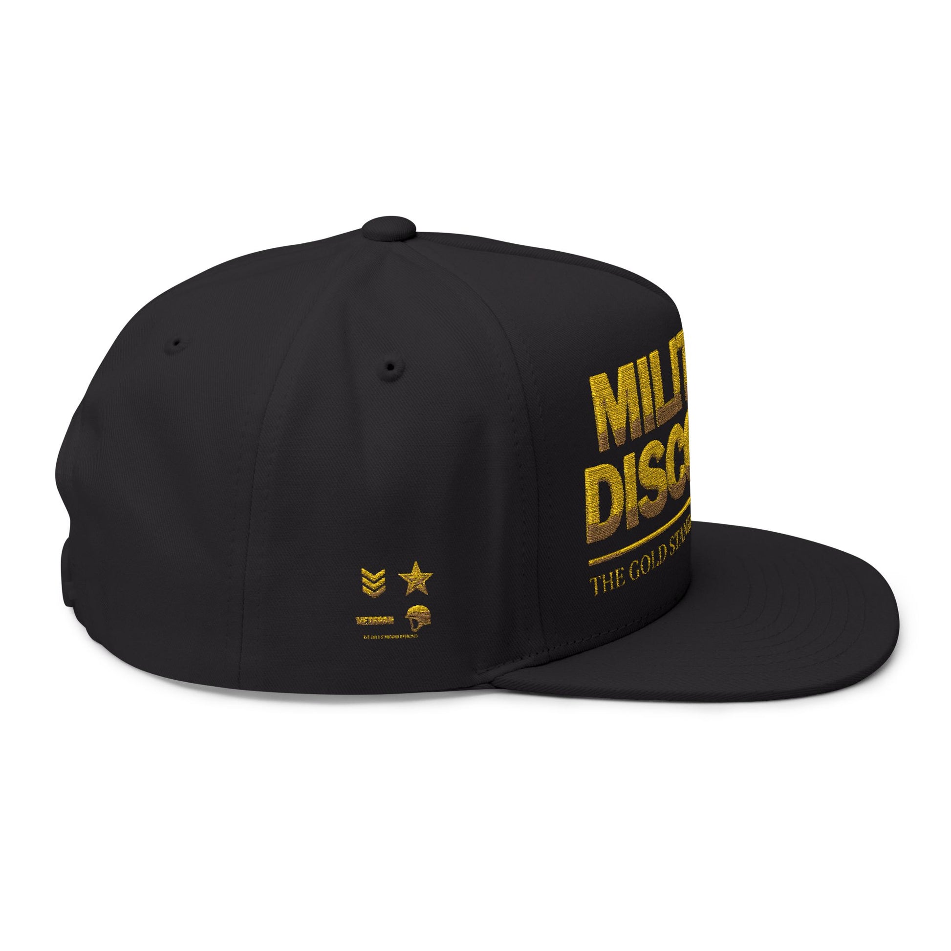 A premium high-profile flat-bill cap from E U F Outlet.. in a sleek, unified black. The front features thick, raised 24K gold embroidery with the text "MILITARY DISCOUNT" and the trademarked slogan "™The Gold Standard Resolved™" beneath it. The heavy-duty gold thread creates a 99.99% gold standard contrast against the deep black cotton twill.