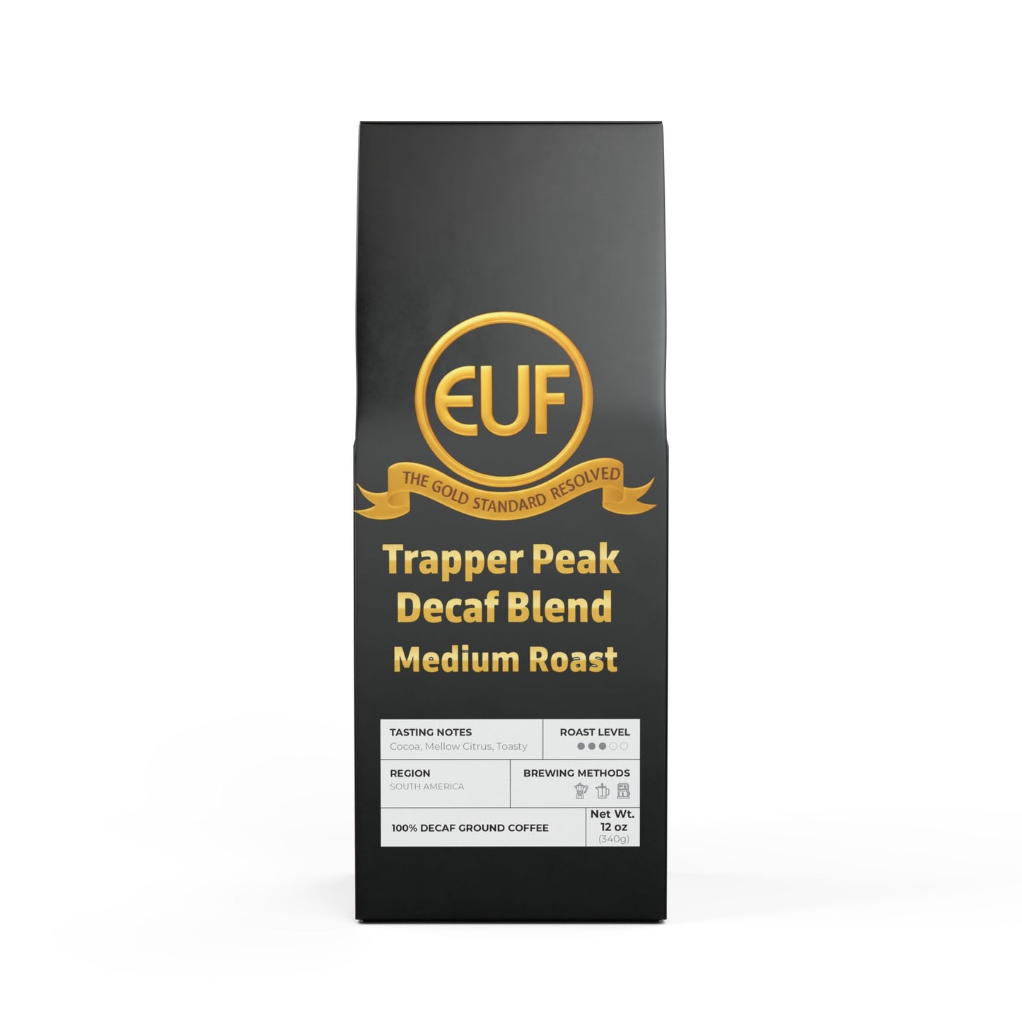 ™The Gold Standard Resolved™: Trapper Peak Decaf Blend (Medium Roast) by ™EUF Outlet.. presented in solid 24K gold 99.99 purity lettering on a transparent background for Express Unity Fashion.
