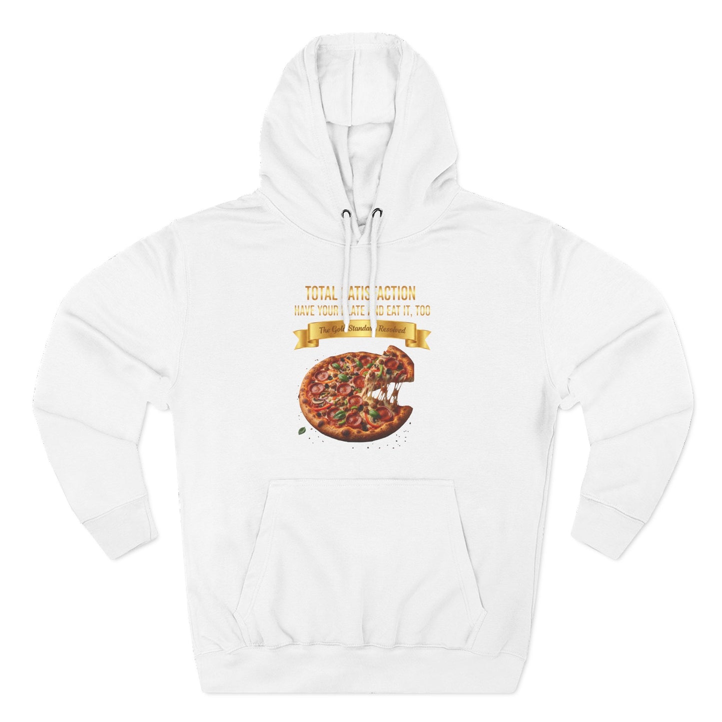 3D Food Fashion design for E U F Outlet featuring a cheesy pizza with toppings on a black plate against a solid black ground on a premium hoodie.