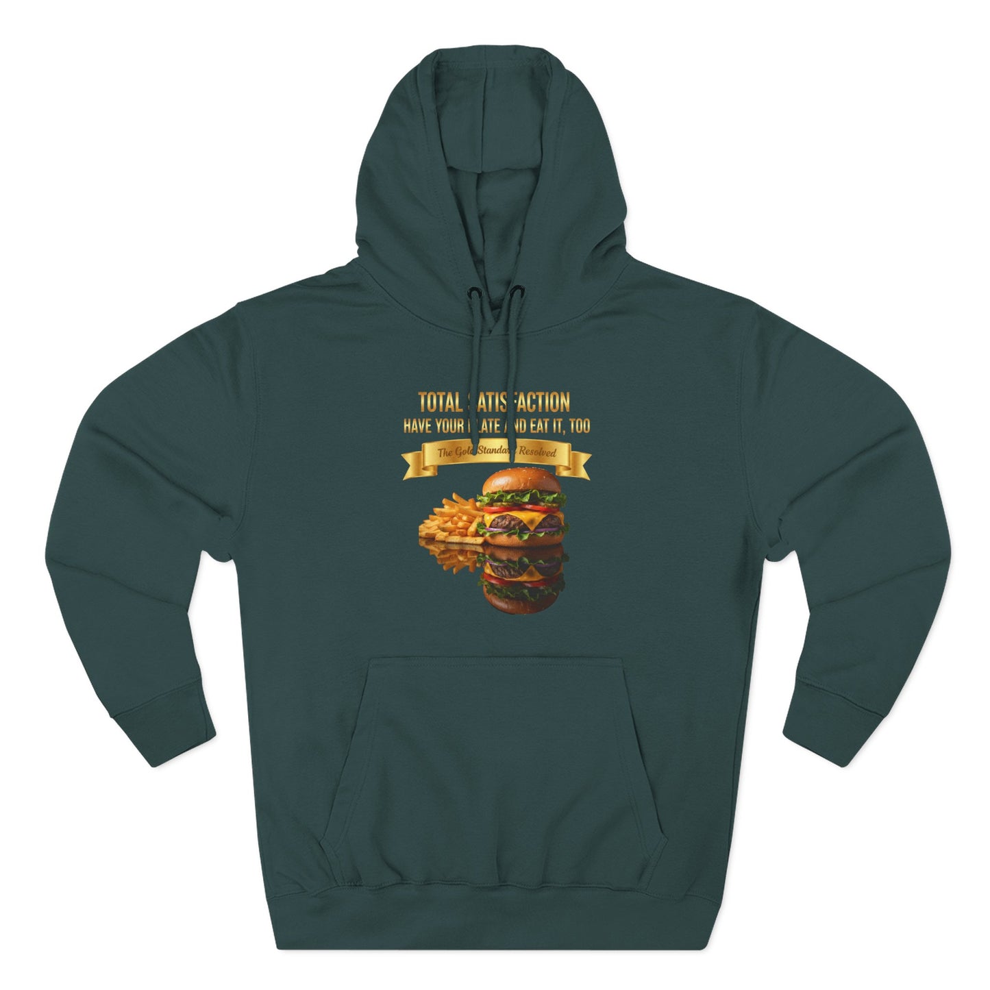 3D Food Fashion design for E U F Outlet featuring a cheeseburger and french fries on a black plate against a solid black ground on a premium hoodie.