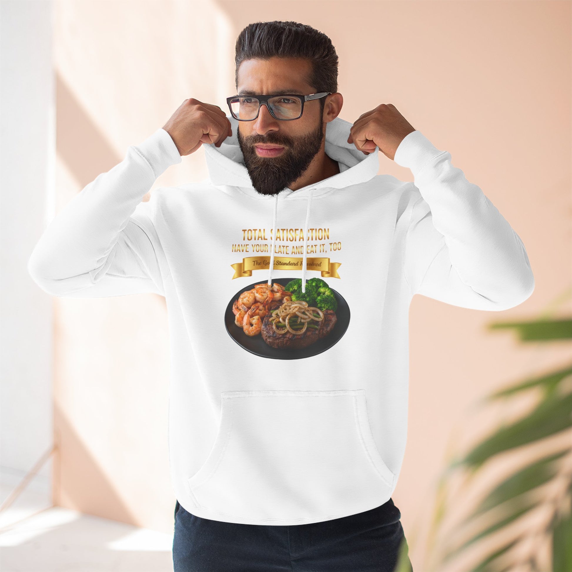 3D Food Fashion design for E U F Outlet featuring a grilled ribeye steak with green peppers and onions, shrimp, and broccoli on a black plate against a solid black ground on a premium hoodie.