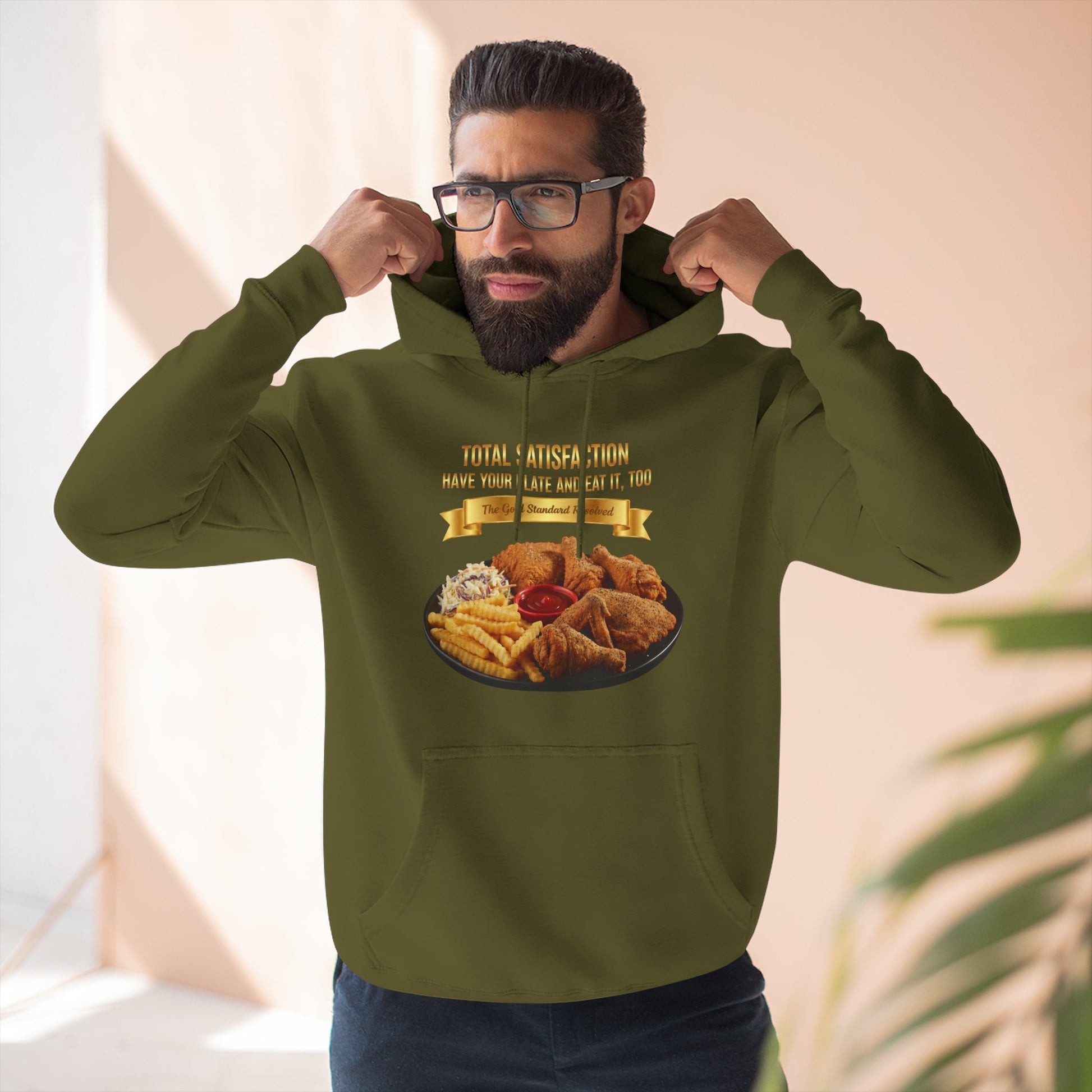 3D Food Fashion design for E U F Outlet featuring six pieces of fried chicken, french fries, coleslaw, and ketchup on a black plate against a solid black ground on a premium hoodie.