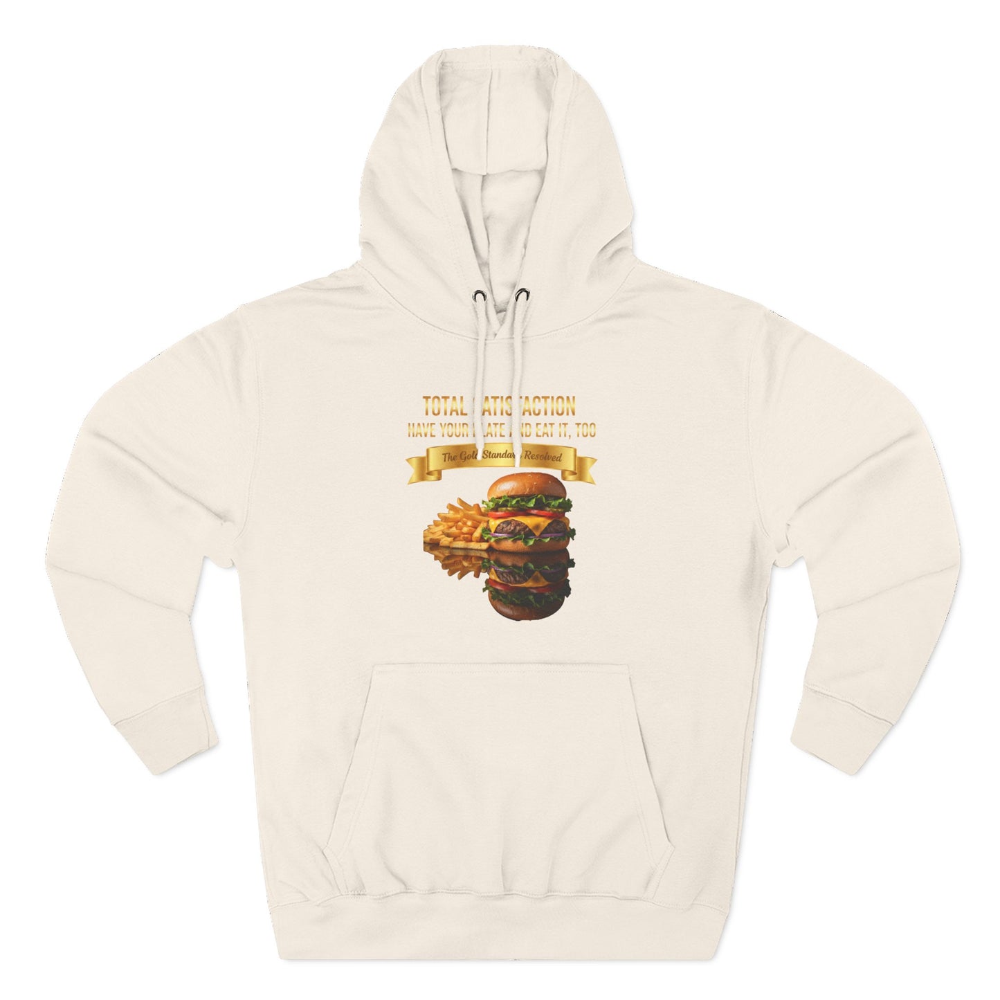 3D Food Fashion design for E U F Outlet featuring a cheeseburger and french fries on a black plate against a solid black ground on a premium hoodie.