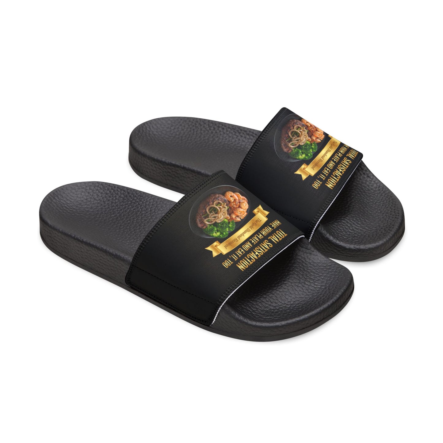 3D Food Fashion design for E U F Outlet featuring a seared ribeye steak, several pieces of shrimp, and steamed broccoli florets on a black plate, square format for premium sandals.