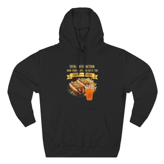 3D Food Fashion design for E U F Outlet featuring two grilled hot dogs with chili, relish, and onions, a pile of potato chips, and a glass of orange soda on a black plate, centered for a premium hoodie.