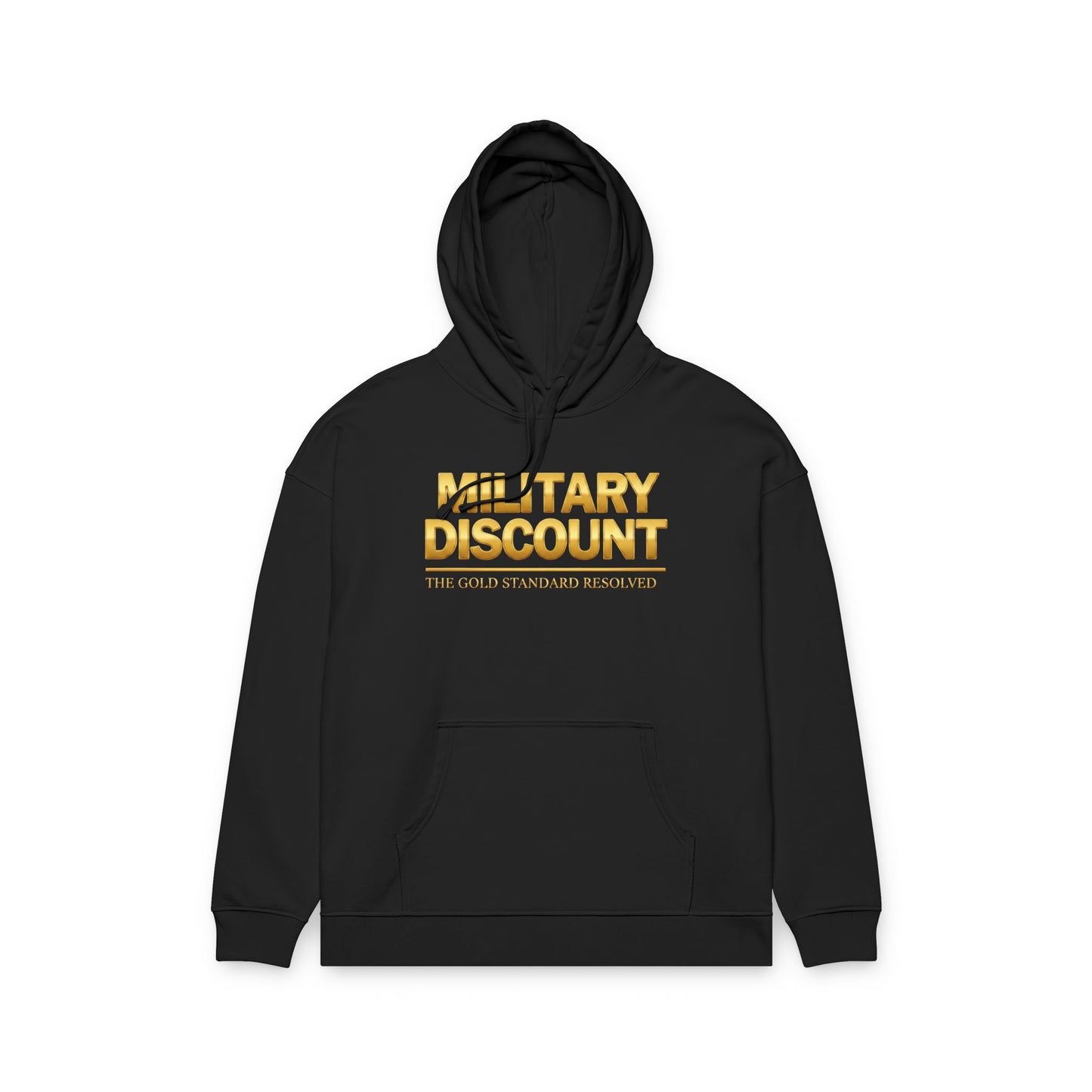 A high-velocity product image of the E U F Outlet.. Elite Veteran Heritage Military Discount Hoodie. The 10.32 oz ultra-heavyweight 100% organic cotton fabric is shown in a structured, professional black. The chest features the bold gold-toned recognition message that serves as a silent envoy for Veteran status, representing a 9 9 . 9 9 % gold standard frequency and a mental investment in financial stability.
