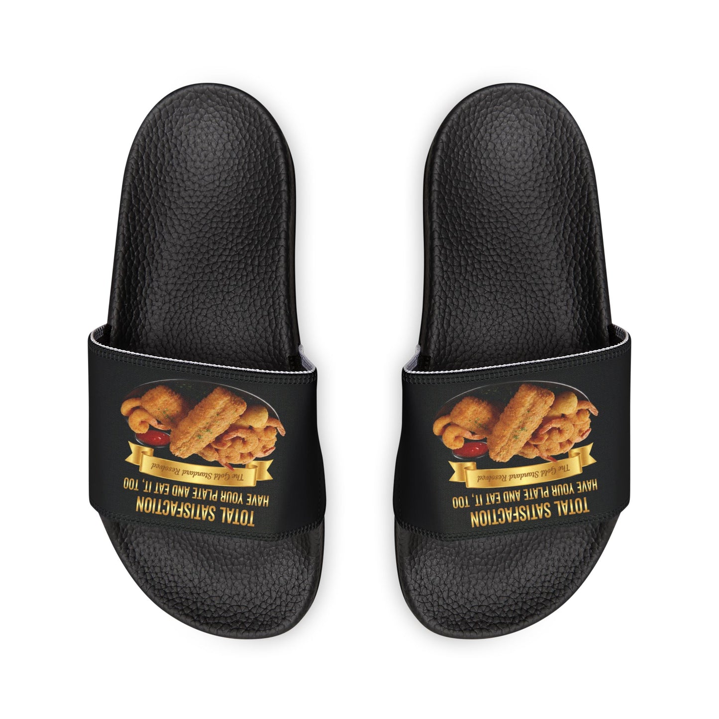 3D Food Fashion design for E U F Outlet featuring two pieces of golden fried fish, several fried shrimp, and a small container of red cocktail sauce on a black plate, square format for premium sandals.