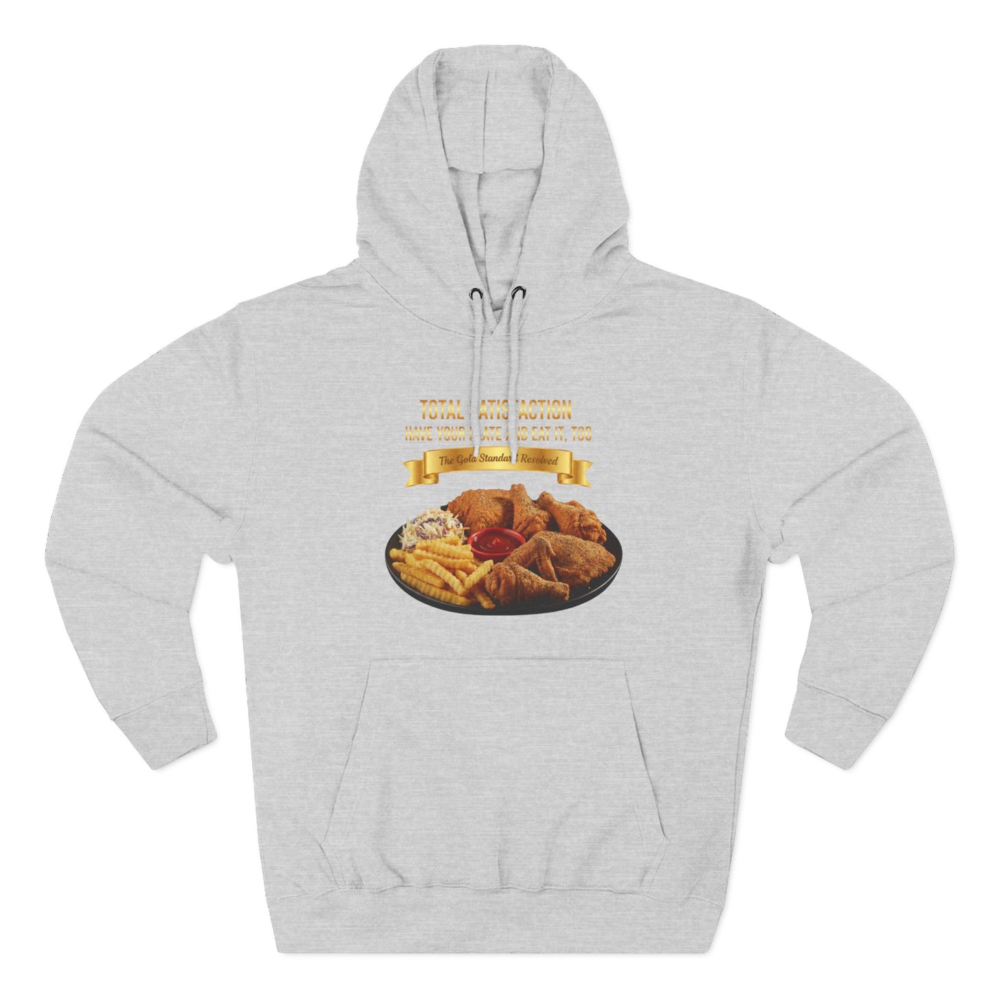 3D Food Fashion design for E U F Outlet featuring six pieces of fried chicken, french fries, coleslaw, and ketchup on a black plate against a solid black ground on a premium hoodie.